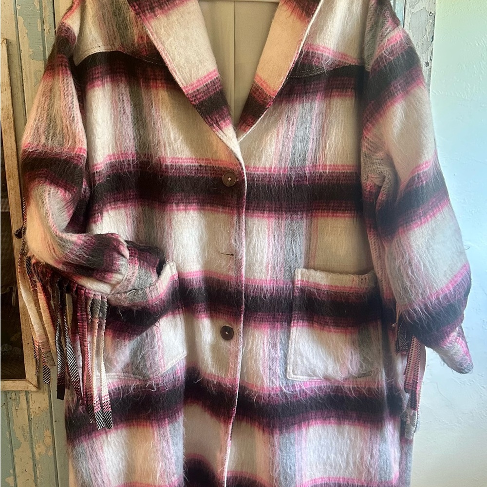 Free People Bali Pressley Wool long Duster coat fringe plaid - Picture 8 of 15